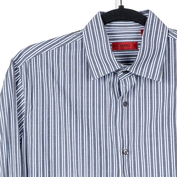 Hugo Boss Dress Shirt 15.5 EllisX Regular Fit Vertical Stripe Gray Blue White - Picture 2 of 6